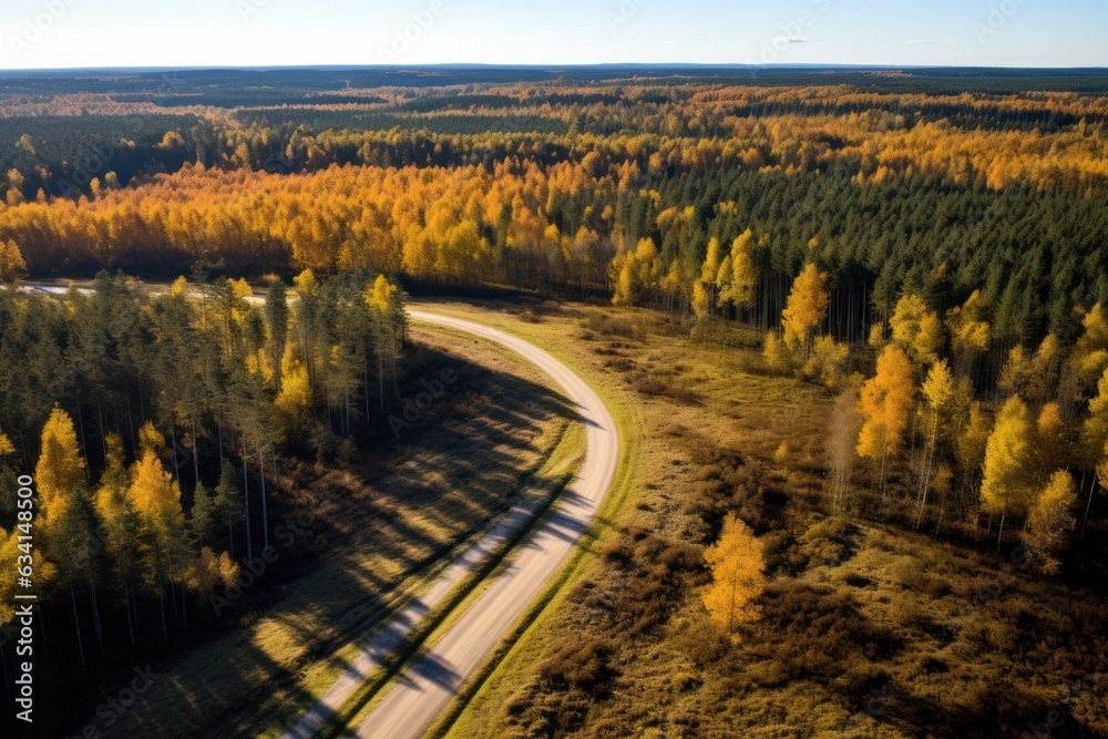 Aerial view of winding dirt road and autumn forest.