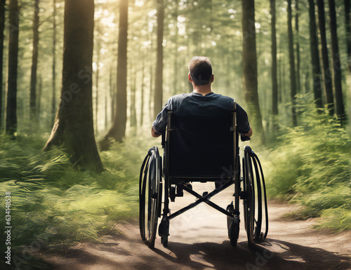 Disabled Man on Wheelchair. Man on Wheelchair in nature. Recovery and Healthcare Concept