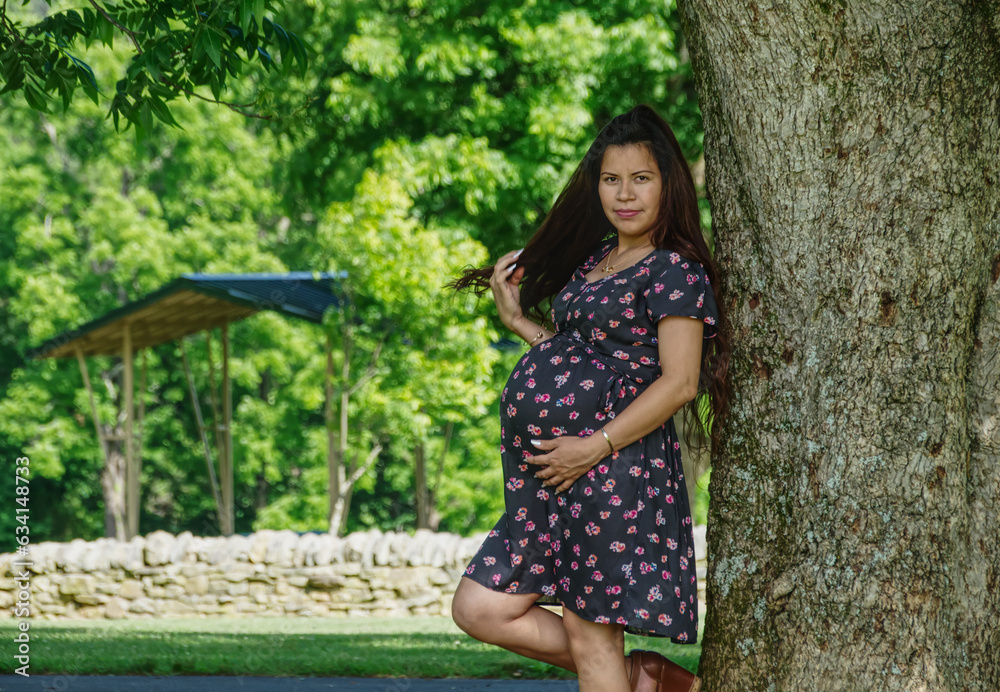 Mexican woman that's pregnant is standing by a tree, posing for a