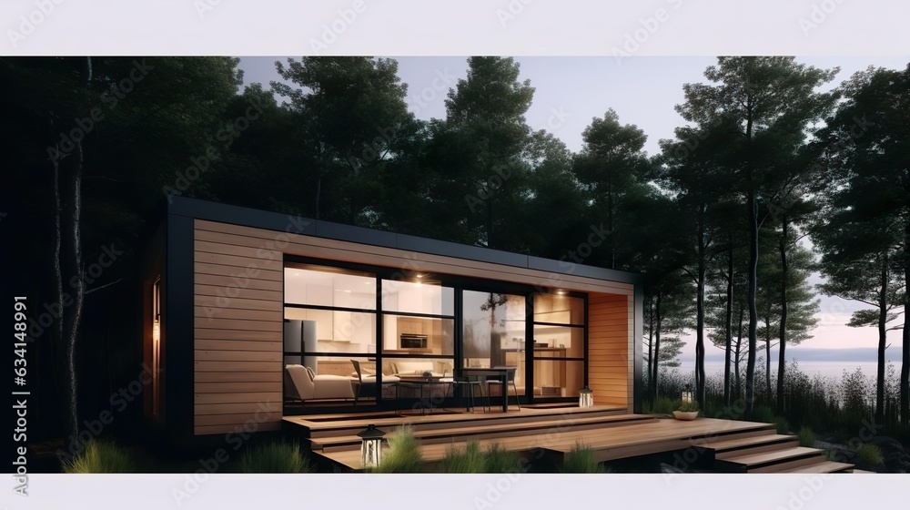 Modular wooden house on wheels with flat roof