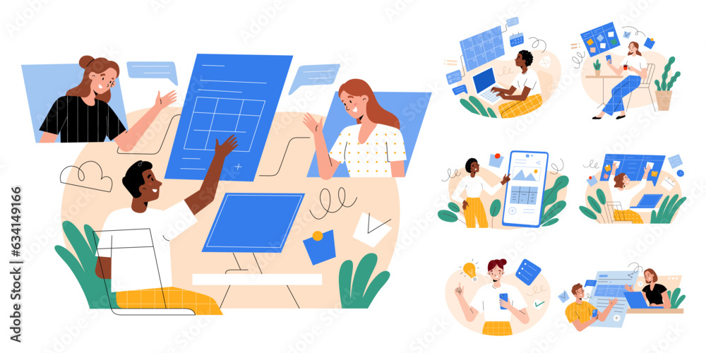 People taking, sharing notes, user experience concept, managing projects, coordinating assignments, using laptops, phone app, ui interface. Creating tables, kanban boards, checklists, modern workflow