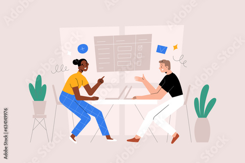 Business partners talking to each other, discussing in office, man, woman business meeting, colleagues, negotiation, presentation, office scene, flat vector illustration isolated on white background