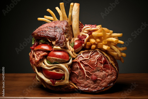 High blood pressure and high cholesterol concept. Anatomical heart made from junk food. Metaphoric art photo