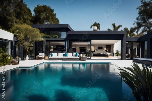 A luxury swimming pool at morning in front of house generated by AI tool © Muhammad