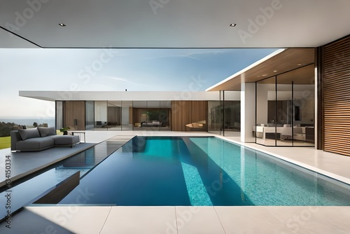 A luxury swimming pool at morning in front of house generated by AI tool © Muhammad