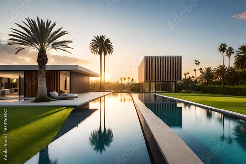 swimming pool at morning with palms generated by AI tool © Muhammad
