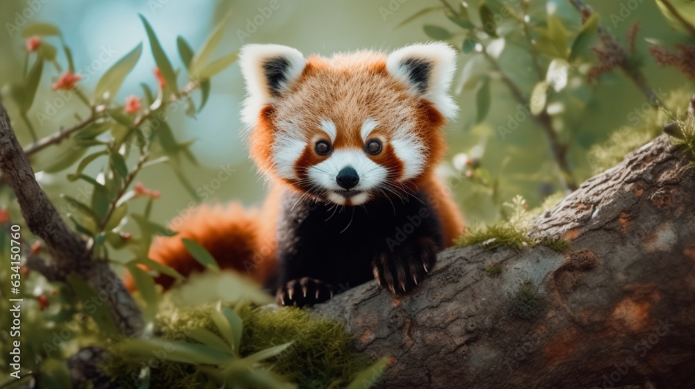 cute baby red panda very happy and playful in the tree.Generative AI cute baby red panda very happy and playful in the tree.Generative AI