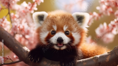 Fotografie cute baby red panda very happy and playful in the tree