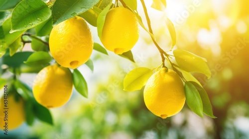 Vibrant ripe lemon citrus fruits on a branch and sunny green leaves. Outdoor nature background.