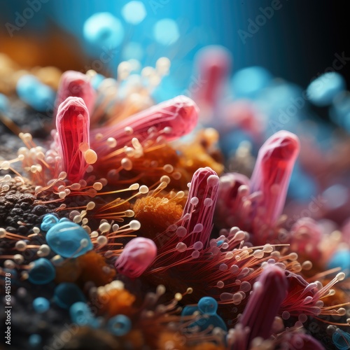 Threads of fungus and bacteria under a microscope. Microbes and intestinal microflora. Generative AI