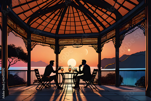 Two men drinking in a scenic pavilion at night. Generative AI
