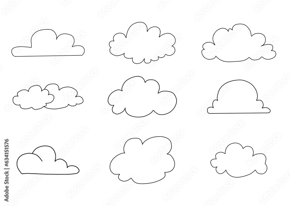 Doodle clouds set. Speech bubble. Abstract doodle form. Simple coloring page design element for planner, kids craft, school Doodle clouds set. Speech bubble. Abstract doodle form. Simple coloring page design element for planner, kids craft, school