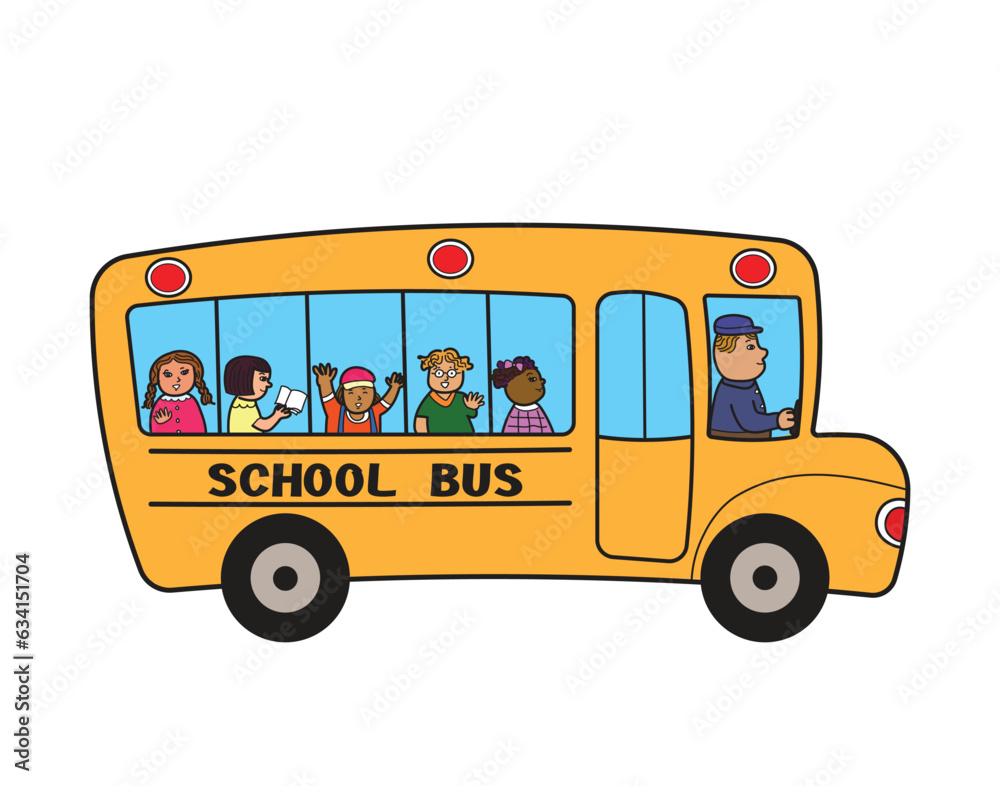 Yellow school bus with multi-ethnic group of happy young students and a driver. Vector drawing isolated on white background.