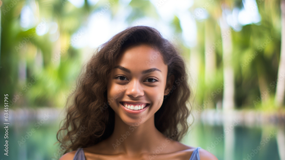 young adult multiracial woman, standing by the water at the swimming pool, tropical, friendly beautiful smile, good mood on the day on vacation, fictional location young adult multiracial woman, standing by the water at the swimming pool, tropical, friendly beautiful smile, good mood on the day on vacation, fictional location