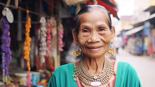 everyday life an old woman with wrinkles and gray hair wears jewelry and earrings, in front of her own local shop with small things and everyday products,narrow side street,fictional place