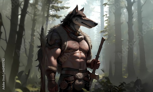 Wolf man in the forrest. Screensaver for desktop