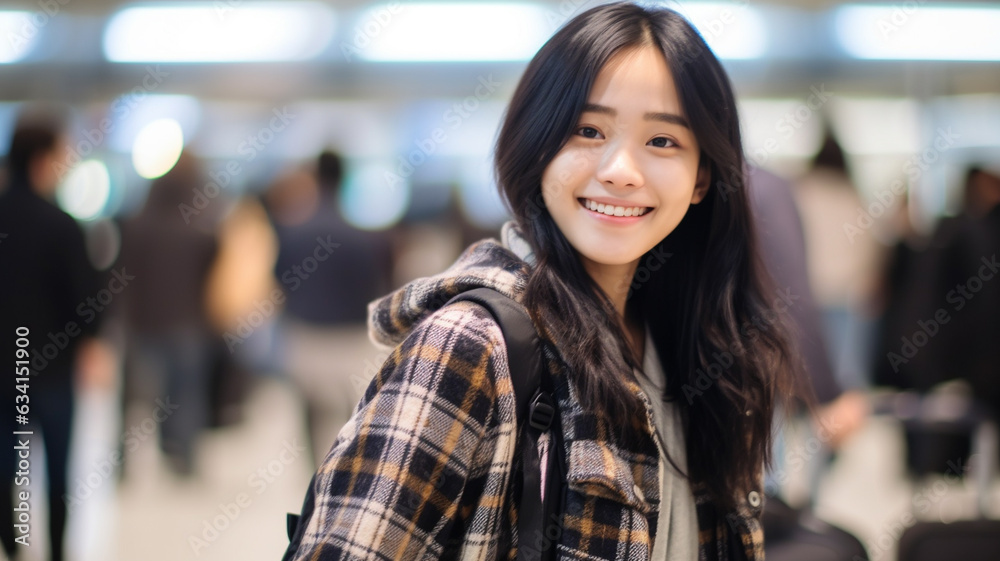 teenage girl or young adult woman, wearing lumberjack style hoodie, school bag or backpack, smiling happily, at an event or trade show or university or office, fictional location