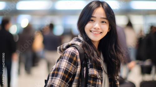 teenage girl or young adult woman, wearing lumberjack style hoodie, school bag or backpack, smiling happily, at an event or trade show or university or office, fictional location