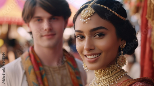 young adult indian or arab woman dressed as a princess for ceremony or wedding or traditional cultural event, caucasian white husband or boyfriend, fictional location