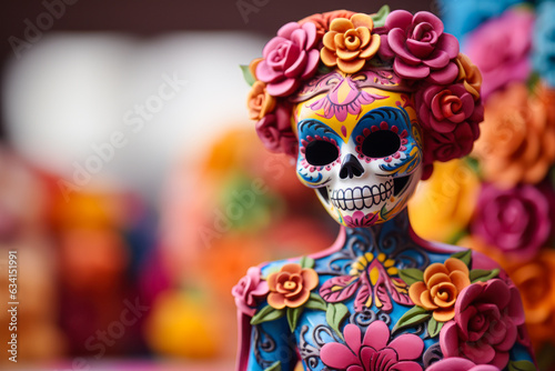 Day of the Dead calavera catrina skeleton figurine, Mexican folk art, wood carving, copyspace