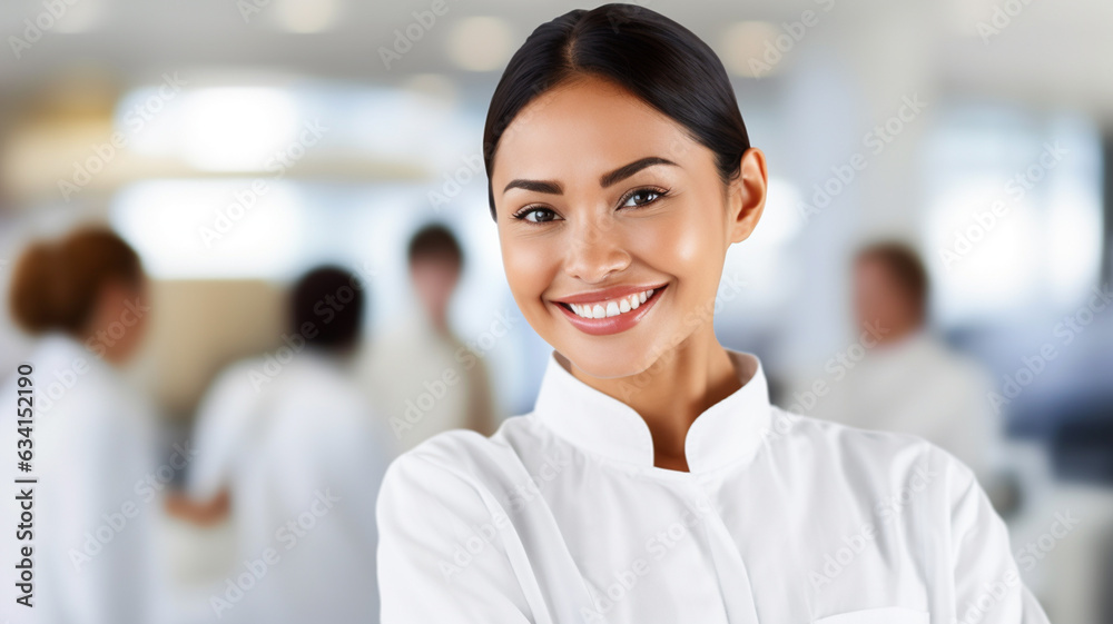 adult female with fashionable white shirt, welcoming smile, in a dentistry office or spa or hospital or hotel reception or cosmetic surgery or clinic, fictional location