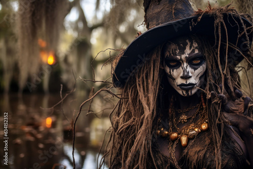 Scary voodoo swamp witch woman, Halloween, outdoor, copyspace photo