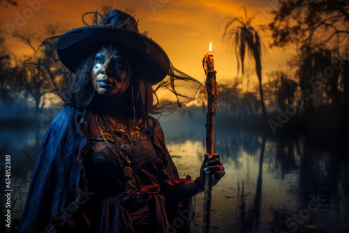 Voodoo swamp witch woman, Halloween, outdoor, copyspace