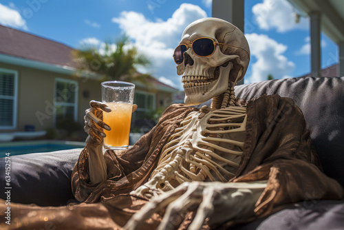 Halloween skeleton with a drink and sunglasses lounging by pool, tropical, exterior home decor, copyspace