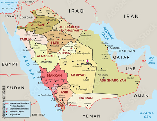 High details Saudi Arabia map with provinces, regions, capitals, provinces boundary, International boundary, major cities. photo