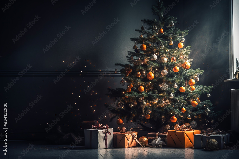 Christmas tree with gifts in a beautiful interior in dark colors, lots ...