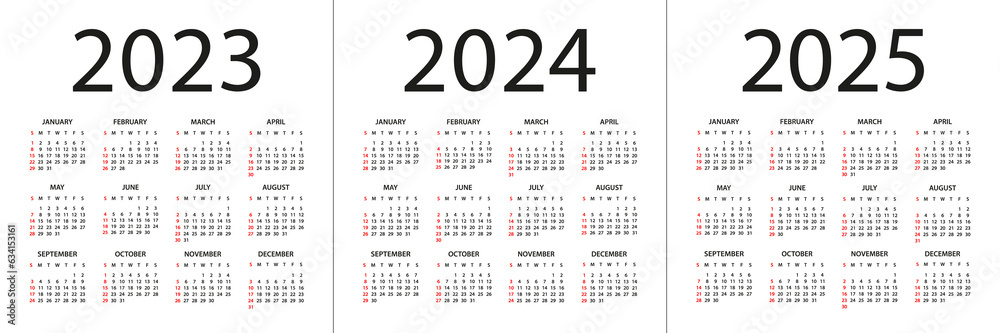 Calendar 2023, 2024, 2025 - illustration. Week starts on Sunday ...