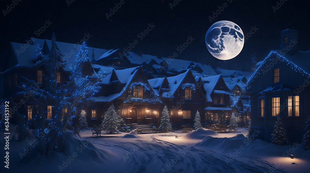 Fototapeta premium Enchanted Eve: Hyperrealistic Winter Village Awakens for Christmas Festival