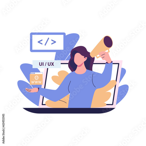 UI and UX designers. Men develop design for website page. Creative individuals and freelancers in workplace