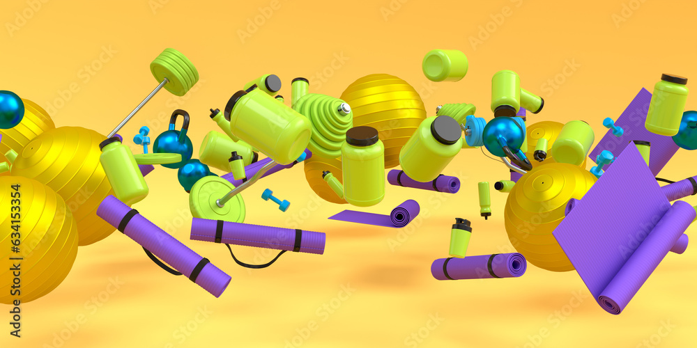 Fototapeta premium Flying and folling sport equipment like kettlebell, fitness ball and yoga mat