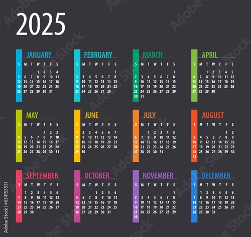 2025 Calendar - illustration. Template. Mock up