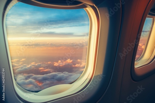 Fotografia, Obraz Airplane window sunset. Generate Ai