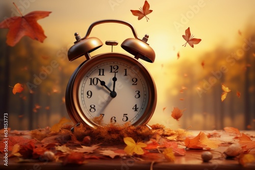 Fototapete Alarm clock autumn table. Generate Ai