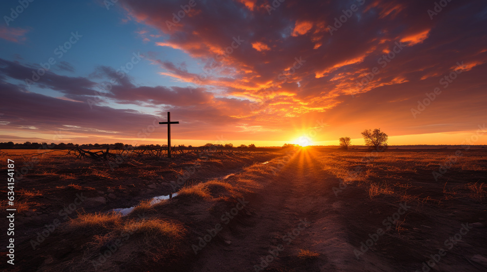 Sunrise Serenity: A stunning sunrise over a serene countryside, with a small church in the foreground and a cross silhouetted against the vibrant sky, representing hope and new beg 