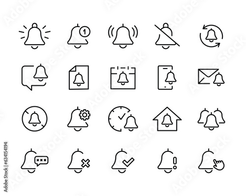 bell icon set Notification. Mute, Notice, Notification Alert notification. Alarm notice sign. Sipmle ring new message or subscription line icons set, editable stroke isolated on white, linear vector