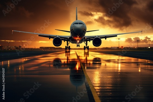 Airplane on the runway at sunset