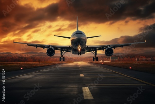Airplane on the runway at sunset