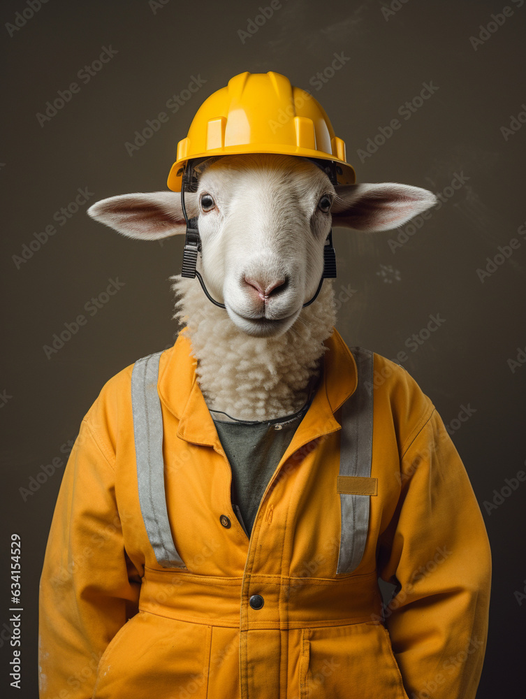 An Anthropomorphic Sheep Dressed Up Like a Construction Worker Wearing ...