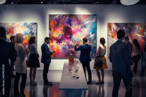 Group of people attend an art gallery with paintings