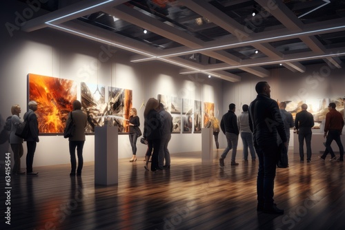 Group of people attend an art gallery with paintings photo