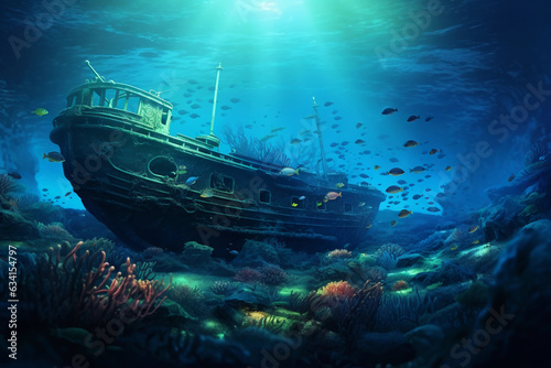 A lonely shipwreck, resting on the sea bed, surrounded by schools of fish, undersea flora and fauna, surreal environment, bathed in bioluminescent light, fantasy digital art style © Marco Attano