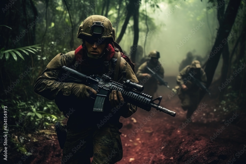 Team of soldiers engaged in the exploration of the forest Team of soldiers engaged in the exploration of the forest