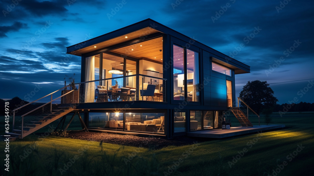 Architectural shot of a sleek, contemporary tiny home at twilight, flat roof, geometric lines, glass walls reflecting the starry night sky Architectural shot of a sleek, contemporary tiny home at twilight, flat roof, geometric lines, glass walls reflecting the starry night sky
