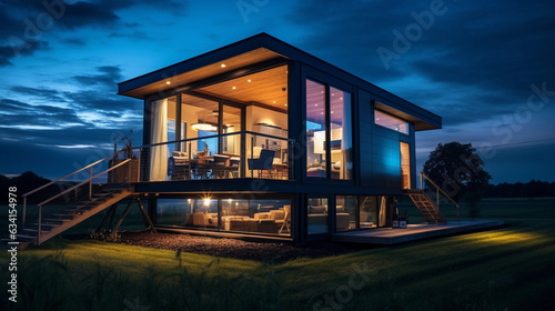 Architectural shot of a sleek, contemporary tiny home at twilight, flat roof, geometric lines, glass walls reflecting the starry night sky