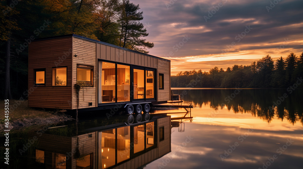 Exterior view of a tiny home on wheels, parked next to a tranquil lake at sunset. Reflective windows, wood - panelled exterior, cozy porch Exterior view of a tiny home on wheels, parked next to a tranquil lake at sunset. Reflective windows, wood - panelled exterior, cozy porch