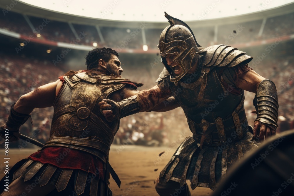 A ferocious gladiator wearing armored Roman gladiator at the Ancient Rome gladiatorial games in the coliseum - obrazy, fototapety, plakaty 